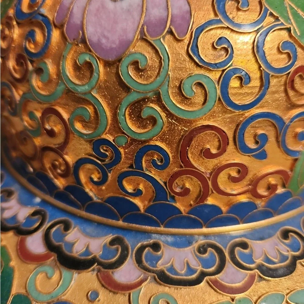 Hand-Painted Floral Cloisonné Ginger Jar - Gold and Green